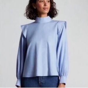 NWT Everlane Cotton Wing Sleeve Mockneck Top Blue Long Sleeves 14 Casual Preppy